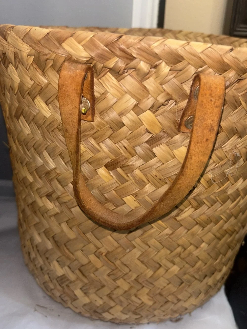 3 vintage Handwoven Straw Tote Bag with Leather Handles - Natural